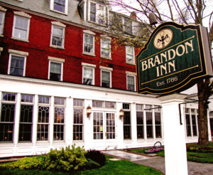 The Brandon Inn sign and building exterior, one of the historic hotels in Rutland County, VT
